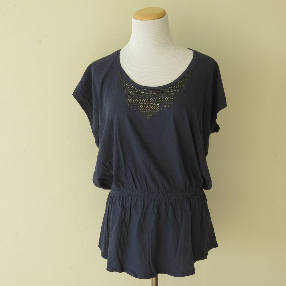 Calvin Klein Jeans Sequin Cotton Ruched Waist Cap Sleeve Top Blouse Size Medium